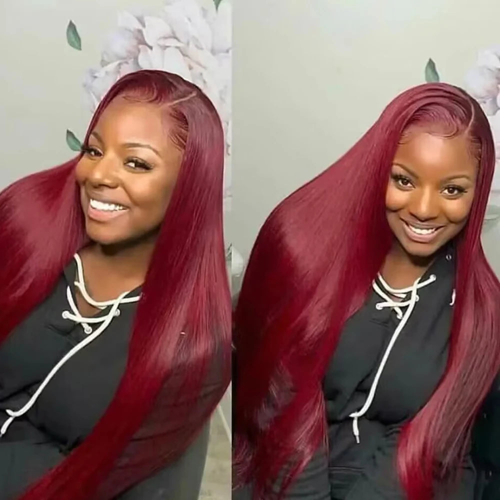 Perruque en cheveux humains bordeaux 13x4 et 13x6 HD avec dentelle frontale