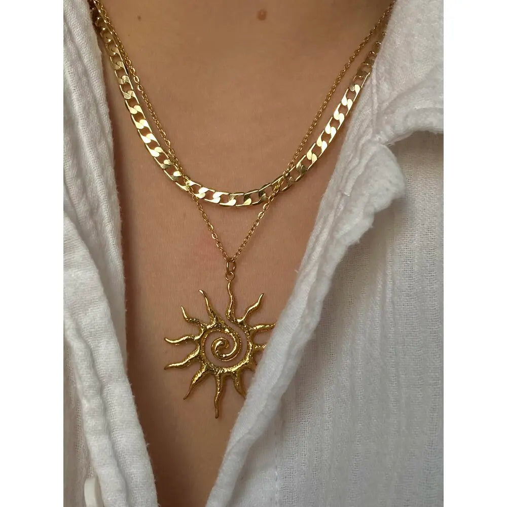 Collier pendentif soleil vintage, bijou doré tendance, cadeau pour femme