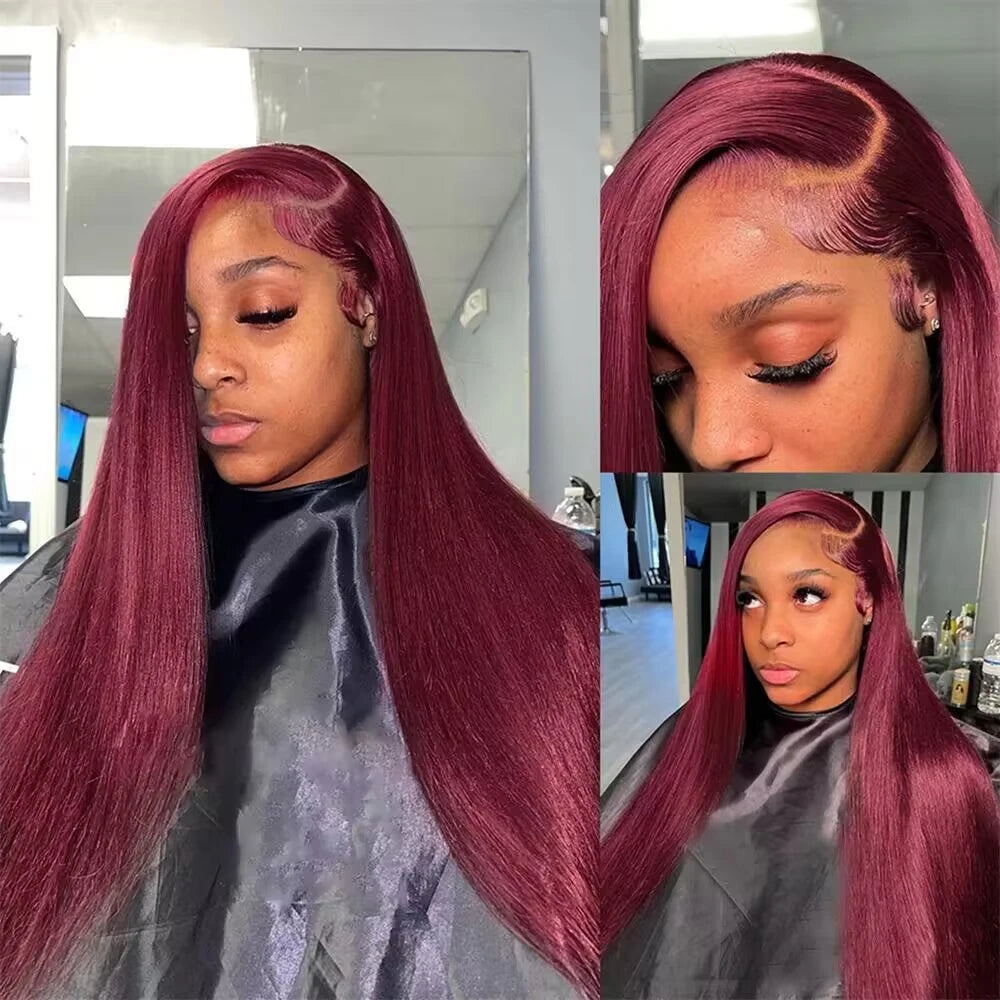Perruque en cheveux humains bordeaux 13x4 et 13x6 HD avec dentelle frontale